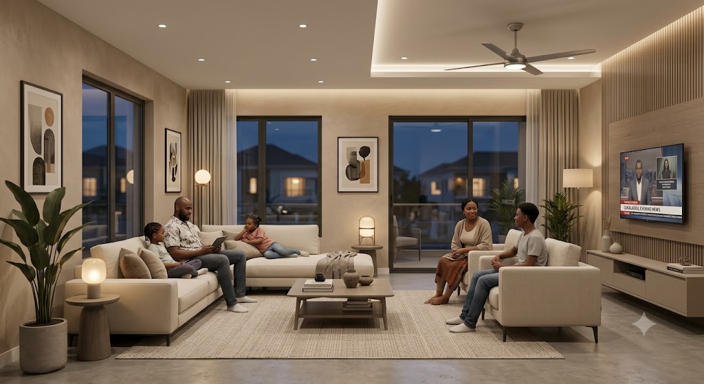 Nigerian family relaxing in a well-lit living room powered by solar