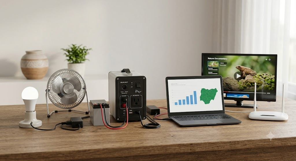 Solar-powered desk setup with lamp, fan, portable inverter battery, laptop, TV and router