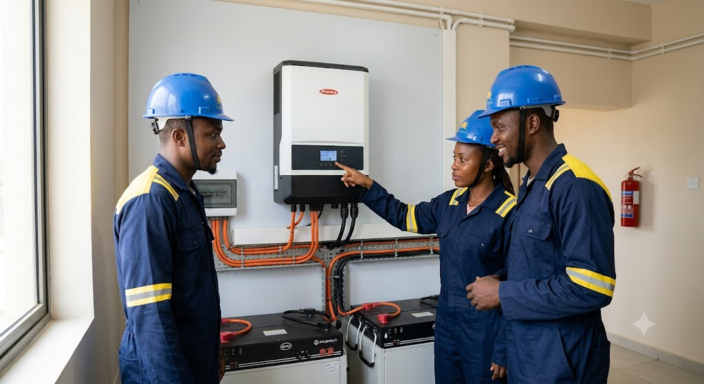 SolarDaddy technicians examining an inverter installation