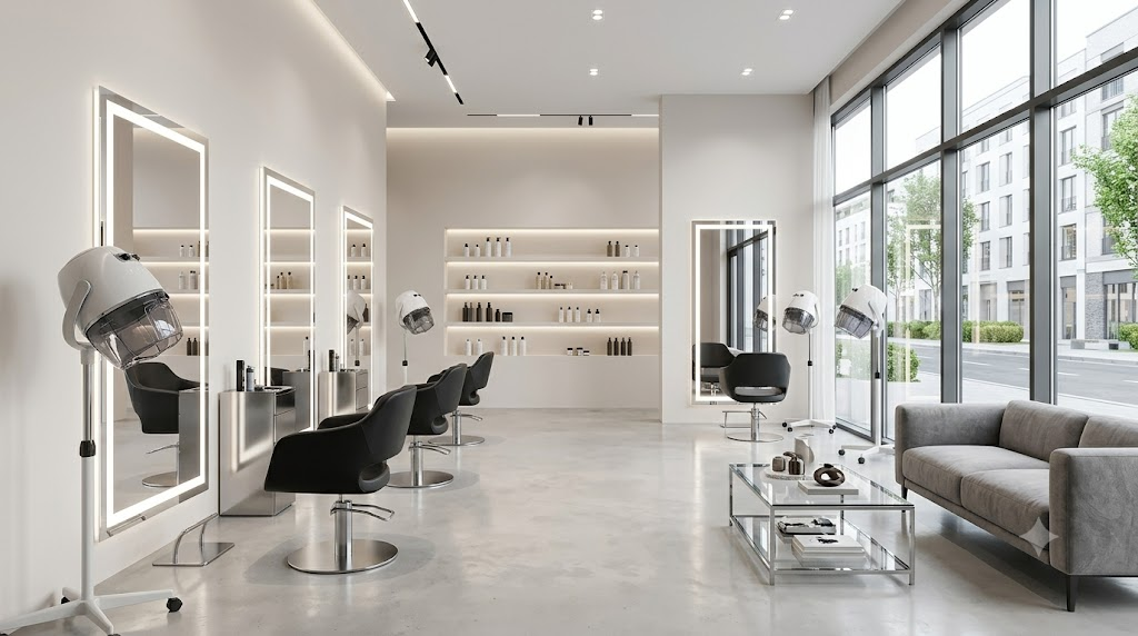Bright modern salon interior with styling chairs and hood dryers